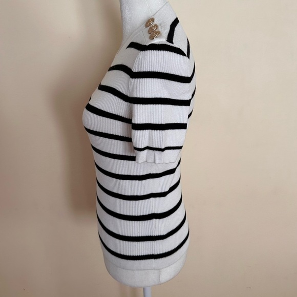 NWOT L’Agence Delphine Striped Ribbed Knit Sweater Short Sleeve Black/White - Picture 4 of 8